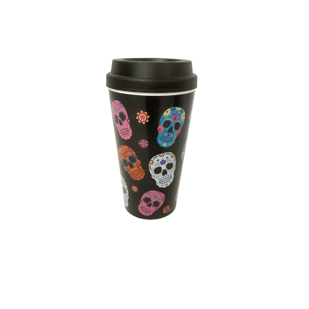 new black sugar skull travel coffee mug with twist on lid 12.4‎ oz